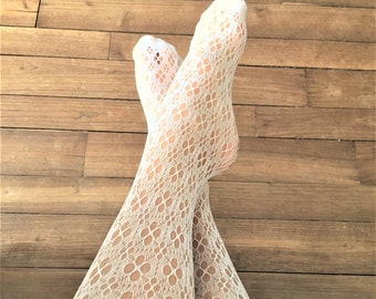 French Dim 1990s Women Vintage Fashion Stockings Pantyhose Tights - Sexy Ivory Colour & Floral Lace Pattern - New - M