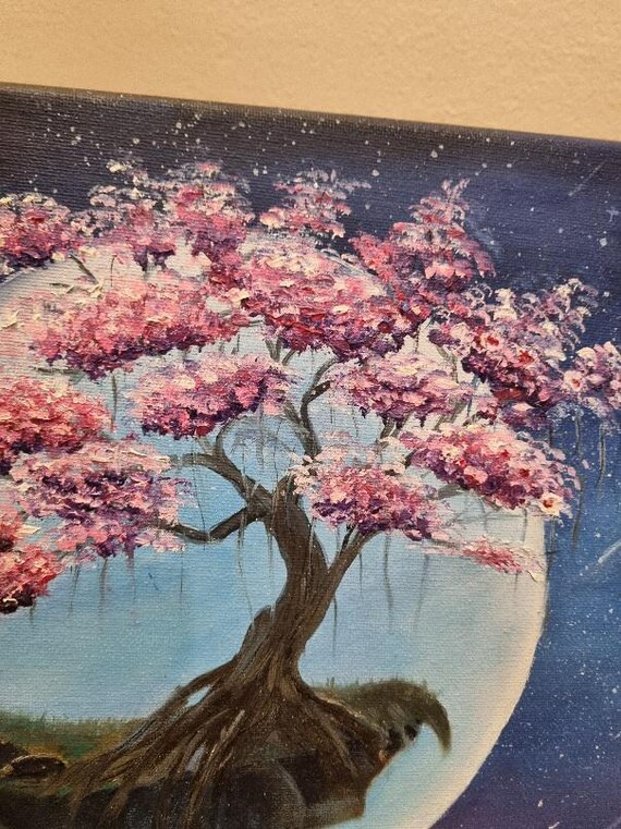 Sakura on Cliff, Moonlit Night Sky Handmade Mystical Landscape