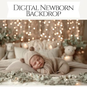 Puede incluir: Un bebé recién nacido durmiendo con un gorro con orejas de oso beige y un conjunto a juego, descansando sobre una almohada beige. El fondo presenta luces suaves y elementos decorativos, con el texto "DIGITAL NEWBORN BACKDROP" en la parte superior.