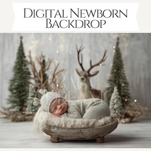 May include: A sleeping newborn baby wearing a gray hat and outfit, nestled in a wooden bowl with a soft, white blanket. The backdrop features Christmas trees, a deer, and the text "DIGITAL NEWBORN BACKDROP".