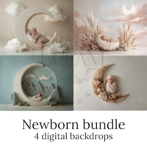以下が含まれることがあります： 新生児用デジタル背景4枚セット。画像には4つの異なるシーンが表示されています。あるシーンでは、雲のある月の小道具の中に赤ちゃんがいます。別のシーンでは、パンパスグラスのある巣の中に赤ちゃんがいます。3番目のシーンでは、山のある月の小道具の中に赤ちゃんがいます。最後のシーンでは、花のある月の小道具の中に赤ちゃんがいます。