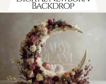 Floral Moon Newborn Digital Backdrop, Dreamy Baby Composite (Digital Download)