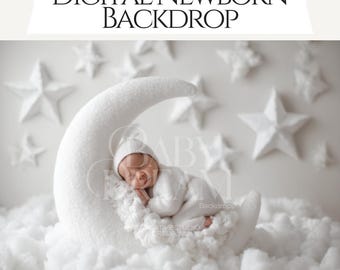 May include: A newborn baby in a white outfit and hat is peacefully sleeping on a white crescent moon prop, surrounded by white clouds and stars. The backdrop reads "DIGITAL NEWBORN BACKDROP".