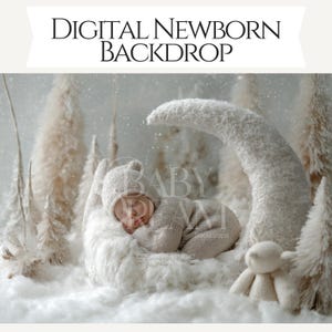 May include: A digital newborn backdrop showing a sleeping baby in a knitted outfit and hat, nestled in a crescent moon-shaped bed. The scene is set in a snowy forest with decorative trees and a small stuffed animal.