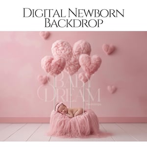 Könnte beinhalten: Digitaler Neugeborenen-Hintergrund mit einem schlafenden Baby in einem rosa, flauschigen Nest. Rosa herzförmige Dekorationen sind auf silbernen Stangen angeordnet. Der Hintergrund ist ein zartes Rosa mit dem Text "DIGITAL NEWBORN BACKDROP".