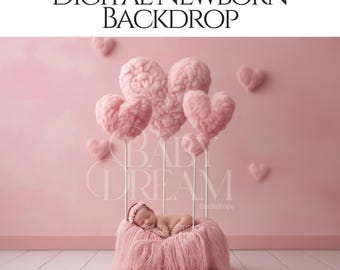 Fondo digital con globos de corazón rosa para recién nacidos: un fondo de ensueño para San Valentín con pufs para fotografía de recién nacidos.
