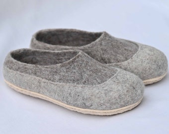 Ready to ship felted slippers for women - eco friendly house shoes with soles - Grey and braun slippers - Handmade wool clogs for women