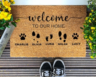Personalized Welcome to Our Home Doormat , Custom Entryway Rug, Perfect Housewarming Gift , Custom Name Doormat for Home Entryway or Porch