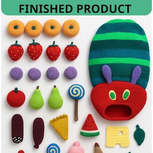 May include: A collection of colorful, crocheted food items and a caterpillar hat. The items include strawberries, pears, a lollipop, watermelon slices, and a cupcake. The text at the top reads: "This is a DIGITAL PATTERN .Not a FINISHED PRODUCT."