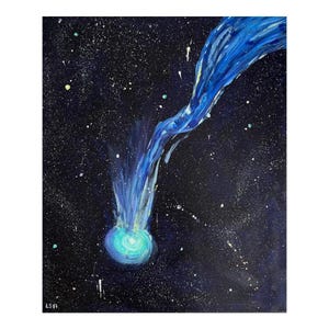 May include: An abstract painting depicting a cosmic event. A bright blue, comet-like shape moves across a dark, star-filled backdrop. The artwork features a vibrant, swirling design with a luminous, spherical core and trailing blue streams.
