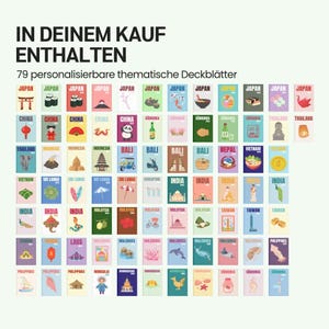 May include: A collection of 79 themed, personalized card designs featuring illustrations and text. The cards showcase various countries, including Japan, China, and India, with images of landmarks and cultural symbols. The text "IN DEINEM KAUF ENTHALTEN" is at the top.