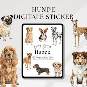 Könnte beinhalten: Digitales Sticker-Set mit verschiedenen Hunderassen, darunter Mops, Golden Retriever, Corgi, Dalmatiner und Dackel. Das Bild enthält den Text "Hunde Digitale Sticker" und "150 zugeschnittene Sticker & GoodNotes Stickerbuch".