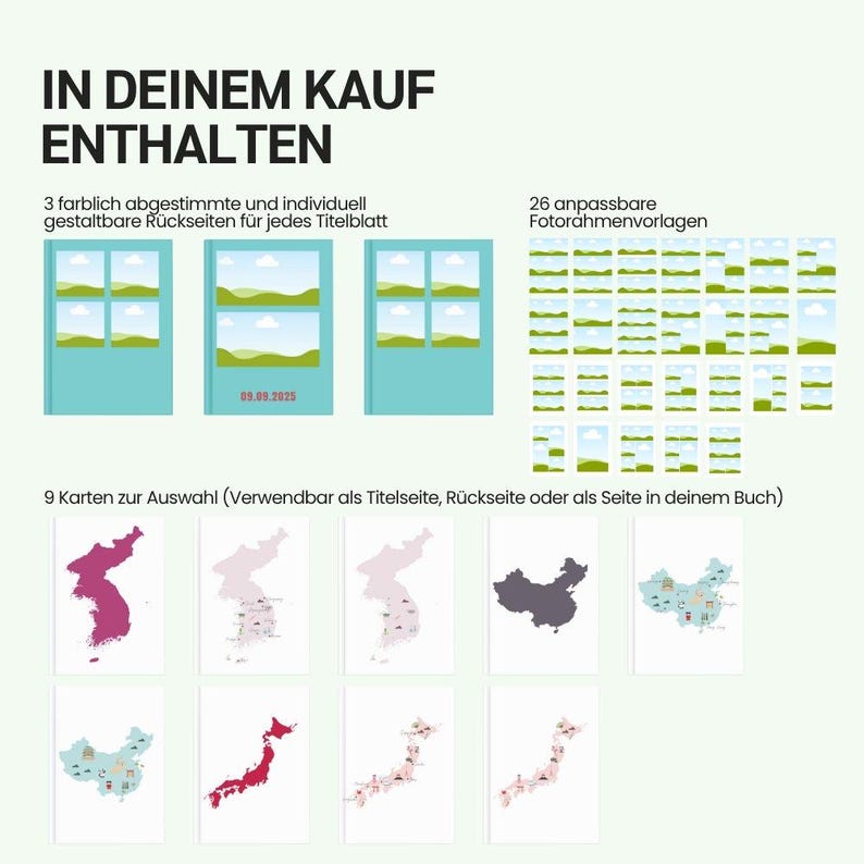 May include: An image with the text "IN DEINEM KAUF ENTHALTEN". The image shows three light blue book covers, 26 photo frame templates, and nine cards with maps of East Asian countries. The date "03.08.2025" is visible.