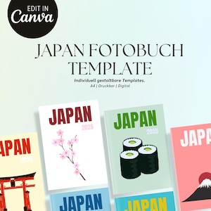 Könnte beinhalten: Eine Auswahl an Fotobuchvorlagen zum Thema Japan. Die Cover zeigen Illustrationen japanischer Wahrzeichen, Kirschblüten und Sushi. Der Text enthält "JAPAN" und "2025". Oben im Bild steht "JAPAN FOTOBUCH TEMPLATE".
