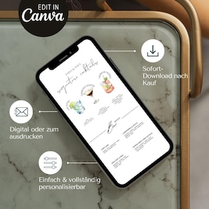 Puede incluir: Un teléfono inteligente muestra un menú de cócteles con el texto "signature cocktails" e ilustraciones de varias bebidas. El teléfono está sobre una superficie de mármol, con texto que indica opciones digitales o imprimibles.