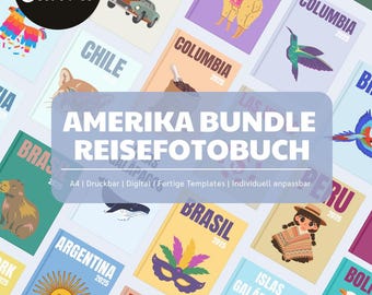 70 North & South America travel photo book templates editable in Canva for your best memories