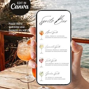 May include: A smartphone displays a "Spritz Bar" menu with Aperol, Limoncello, Sarti, and Gurken Spritz cocktails. The phone is held near a cocktail glass with an orange slice. The image includes text in German and the Canva logo.