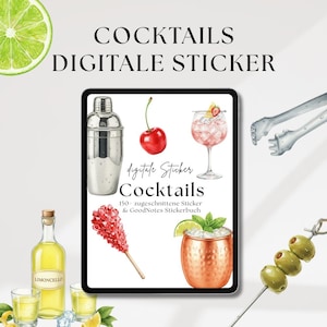 May include: Digital sticker set with cocktail illustrations, including a cocktail shaker, cherry, and a copper mug with mint and lime. Text reads "Cocktails Digital Sticker".