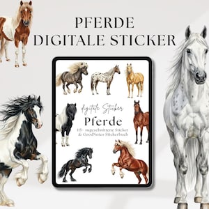 Op de afbeelding: Digitale sticker set met paardenillustraties in verschillende kleuren en patronen. De afbeelding bevat de tekst "Pferde Digitale Sticker" en "digitale Sticker Pferde 115 zugeschnittene Sticker & GoodNotes Stickerbuch".