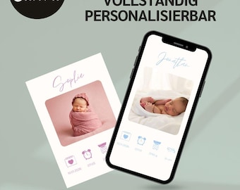 Anuncio de nacimiento digital | Plantilla editable de Canva | Tarjeta de bebé personalizada | Anuncio de nacimiento para niños y niñas
