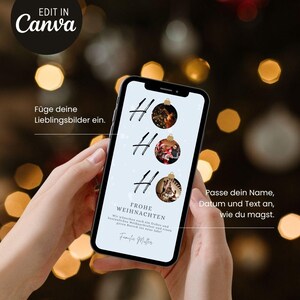 Puede incluir: Un teléfono inteligente muestra un diseño navideño con tres adornos "Ho". El texto "Frohe Weihnachten" y "Edit in Canva" son visibles. El teléfono se sostiene contra un fondo borroso de luces cálidas y desenfocadas.