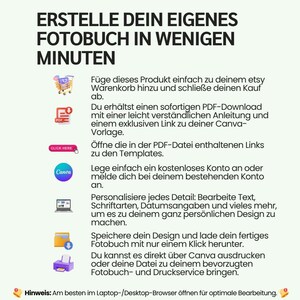 May include: White background with black text promoting a customizable photo book. The text reads "CREATE YOUR OWN PHOTO BOOK IN MINUTES." Instructions and icons are included, guiding users through the process of creating and printing a photo book.