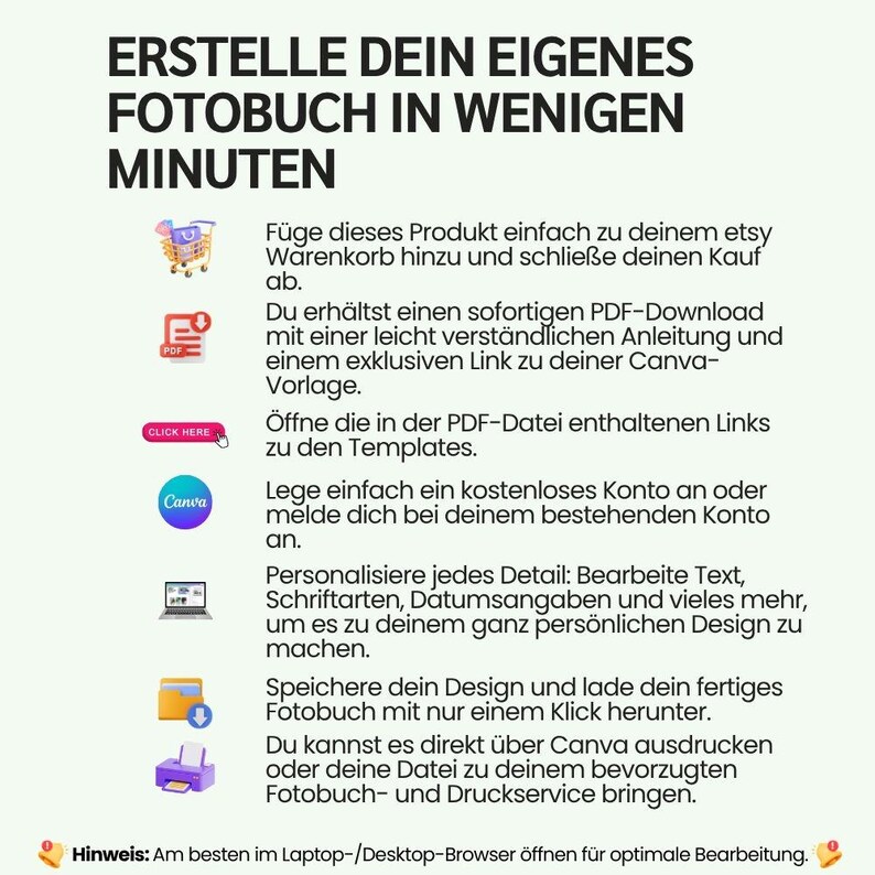 May include: White background with black text promoting a customizable photo book. The text reads "CREATE YOUR OWN PHOTO BOOK IN MINUTES." Instructions and icons are included, guiding users through the process of creating and printing a photo book.