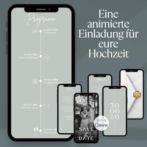 Könnte beinhalten: Ein digitales Hochzeitskarten-Design, das auf mehreren Smartphones angezeigt wird. Das Haupttelefon zeigt einen Zeitplan mit Veranstaltungsdetails. Andere Telefone zeigen Save-the-Date-Informationen, ein Foto des Paares und das Datum. Der Text enthält "Programm" und "Save the Date."