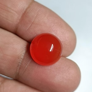 May include: A polished, round, red gemstone. The gem is held in a hand, showcasing its smooth, reflective surface. The stone's vibrant color and spherical shape are the primary focus.