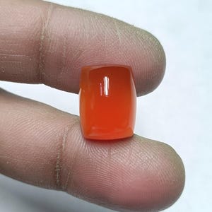 May include: A polished, orange-red gemstone with a barrel shape. The gem is held between fingers, showcasing its smooth, reflective surface. The stone's color is vibrant and consistent, suggesting it is a high-quality specimen. This gemstone could be used for jewelry or other decorative purposes.