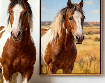 May include: A brown and white horse stands next to a framed painting of a similar horse in a field. The painting has a gold frame and depicts a horse with a white blaze and a brown body. The real horse has a similar color pattern.