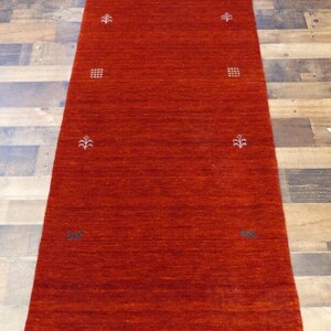 Hand Knotted Red Gabbeh Runner Rug, Persian Style Wool Hallway Runner, Minimal Tribal Handmade Carpet