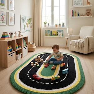 Hand Tufted Nursery Carpet, Kids Road Play Rug, Race Track Area Rug, Montessori Playroom Décor, Kids Bedroom Rug, 5 x 8 ft Wool Rug