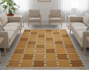 Hand Woven Checkered Wool Rug for Living Room, Scandinavian Flatweave Area Carpet, Mid Century Décor, 9 x 12 Ft Rug