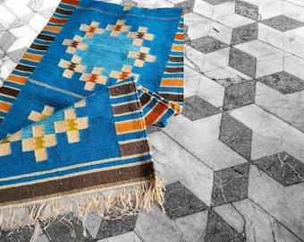 Hand Woven Blue Kilim Rug, Tribal Geometric Area Rug, Southwestern Flatweave Carpet,Wool Rug, Artisan Home Décor