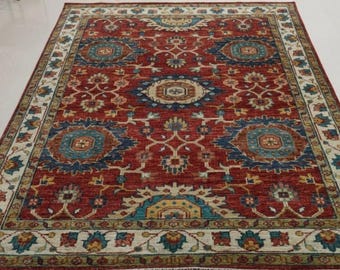Hand Knotted Oushak Rug, Vintage Turkish Carpet, Red Blue Oriental Area Rug