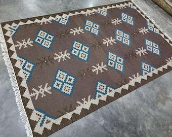 Handwoven Geometric Kilim Rug – Colorful Wool Flatweave Carpet, Boho Living Room Decor