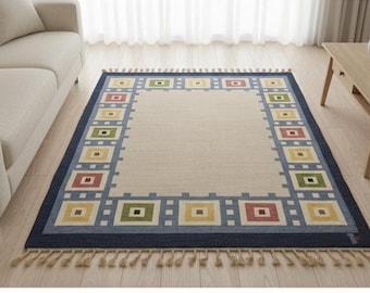 Handwoven Kilim Rug, Geometric Border Rug, Modern Neutral Area Rug, Scandinavian Style Carpet, Boho Living Room Rug, Multicolor Square Desig