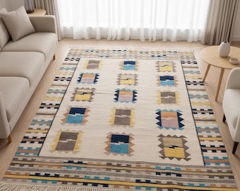 Hand Woven Kilim Rug Tribal Geometric Area Rug Southwestern Flatweave Wool rug Living Room Décor Neutral Artisan Rug