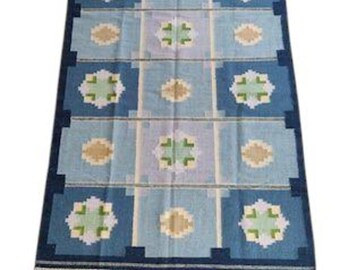 Hand Woven Flatweave Wool Rug, Blue Nordic Geometric Area Rug, Scandinavian Modern Carpet for Living Room