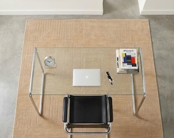 Tappeto in lana annodato a mano, tappeto geometrico neutro, tappeto beige moderno, tappeto minimalista per soggiorno, tappeto di lusso con texture, tappeto fatto a mano