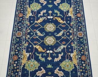 Handmade Wool Oushak Rug, Blue Floral Medallion, Oriental Carpet