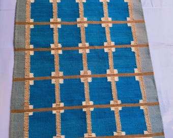 Hand Woven Scandinavian Wool Rug, Blue Geometric Flatweave Kilim Area Rug, Nordic Carpet for Living Room Bedroom
