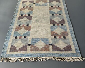 Handgewebter Wollteppich, skandinavischer geometrischer Flachgewebeteppich, blauer nordischer Kelim-Teppich, Wohnzimmerdeko im Landhausstil