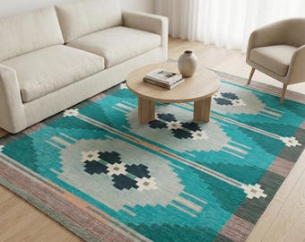 Hand Woven Turquoise Southwestern Wool Rug, Tribal Flatweave Kilim Area Rug, Geometric Boho Carpet