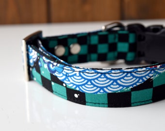 Japanese Kabuki Dog Collar - green, black - silver