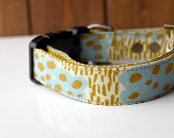 Cotton Linen Kumo Dog Collar - mustard, blue - brass