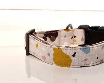 Cotton Linen Abstract Dog Collar - beige - brass