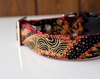 Negai Japanese kimono Dog Collar - black, red