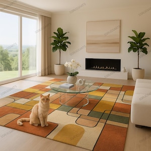 May include: A living room scene featuring a geometric patterned rug in shades of orange, yellow, and green. A ginger cat sits on the rug. A glass coffee table, plants, and a fireplace complete the room's decor.